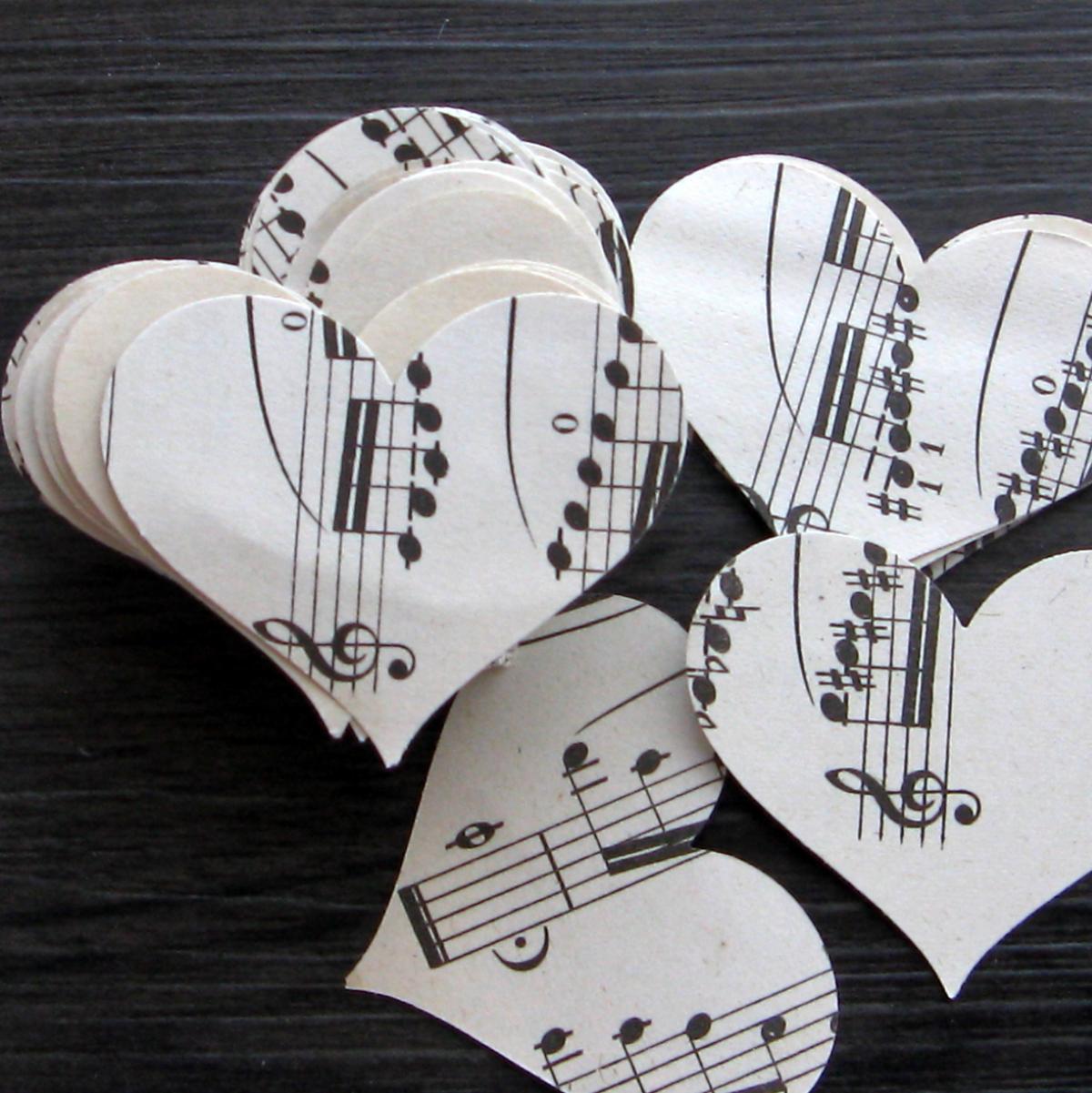 Vintage Sheet Music Confetti (100) 1910s 2" X 1.5" Hearts Sheet Music